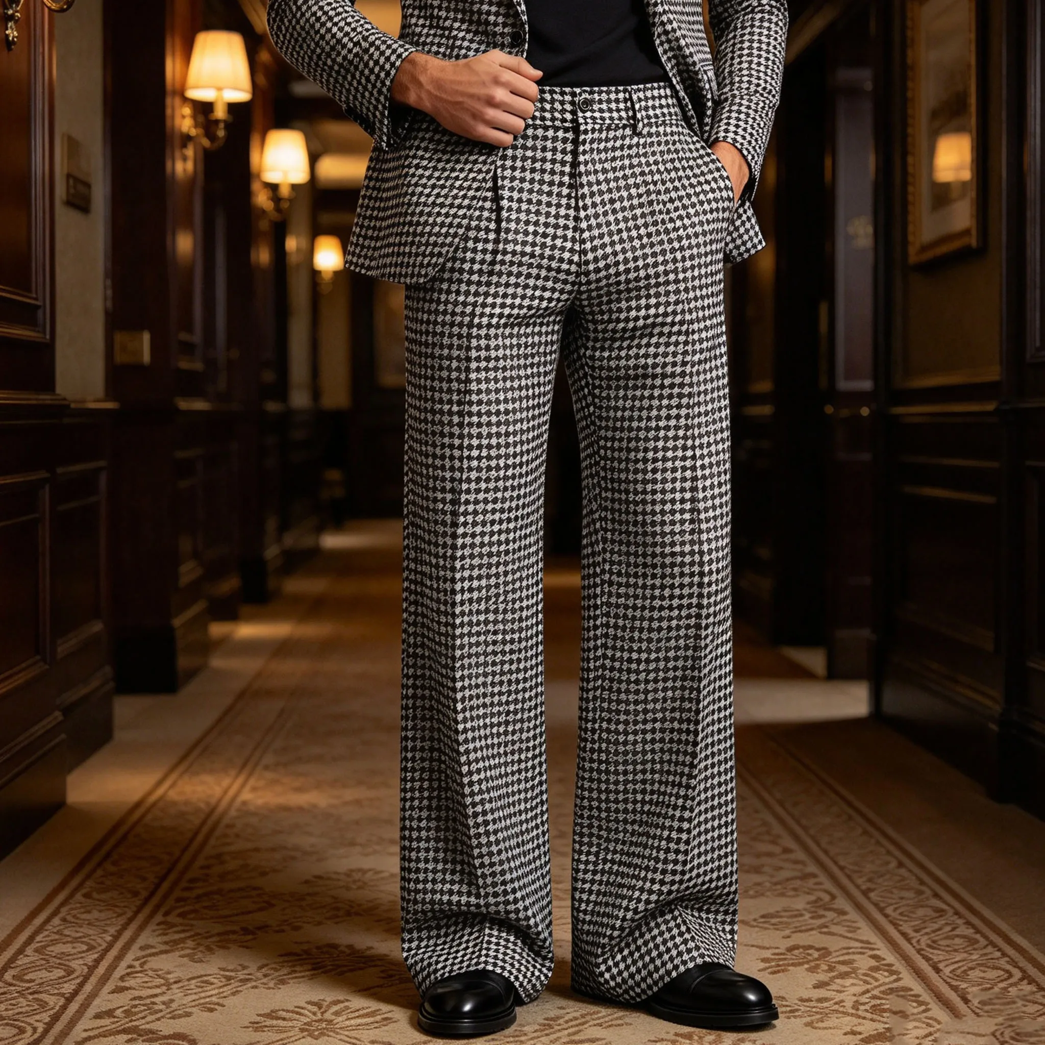 Elegant Men's Houndstooth Pants Straight Leg Vintage Plaid High Waist Wide Leg Fashion Formal  Dress Trousers Business Wedding