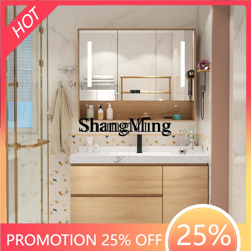 

SM Cabinet Washbasin Set Wash Basin Rock Board Seamless Ceramic Integrated Basin Bathroom Washstand Mirror Cabinet