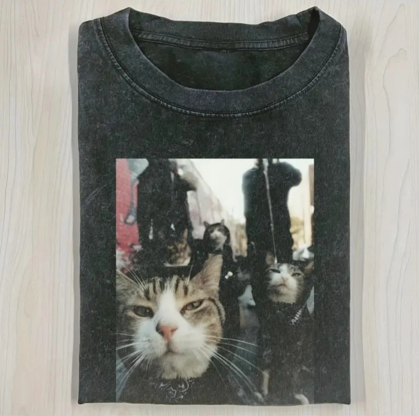 Cat Pattern Print Short Sleeve Round Neck Casual Top Street Style High Quality Print Urban Fashion Items