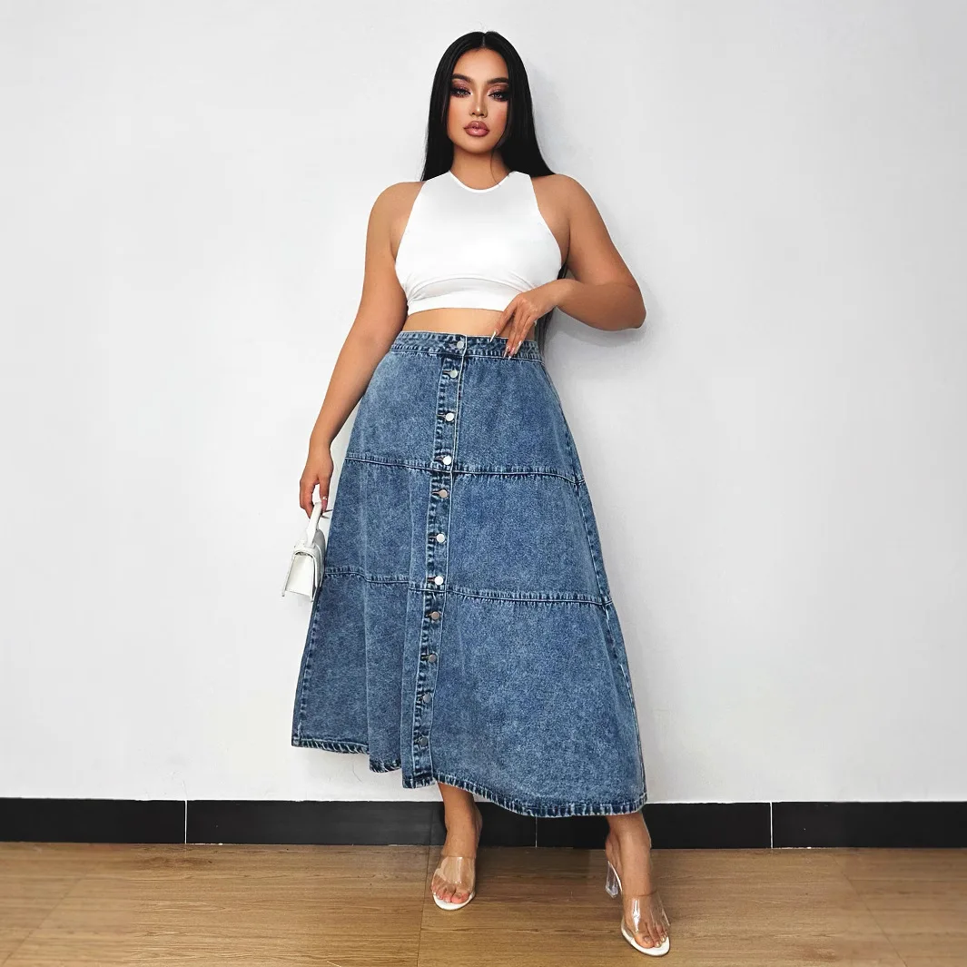 Falda vaquera de retazos en capas de talla grande para primavera y verano. Falda larga de cintura alta con diseño de una sola botonadura a la moda para mujer
