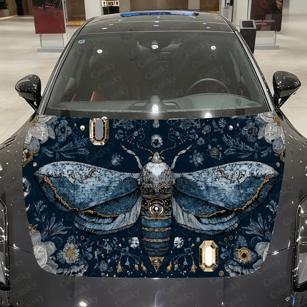 Car Decal Esoteric-Gothic Moth, Ornate & Gem Elements & Mysterious Vibe Car Hood Sticker, Waterproof Self - Adhesive PVC Graphic