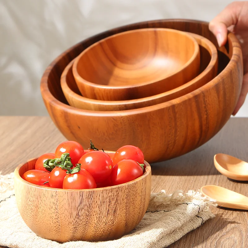 Household Solid Wood Bowl Japanese Acacia Wood Salad Mixing Wooden Basin Kneading Solid Wood Bowl Wooden Tableware Ramen Bowl