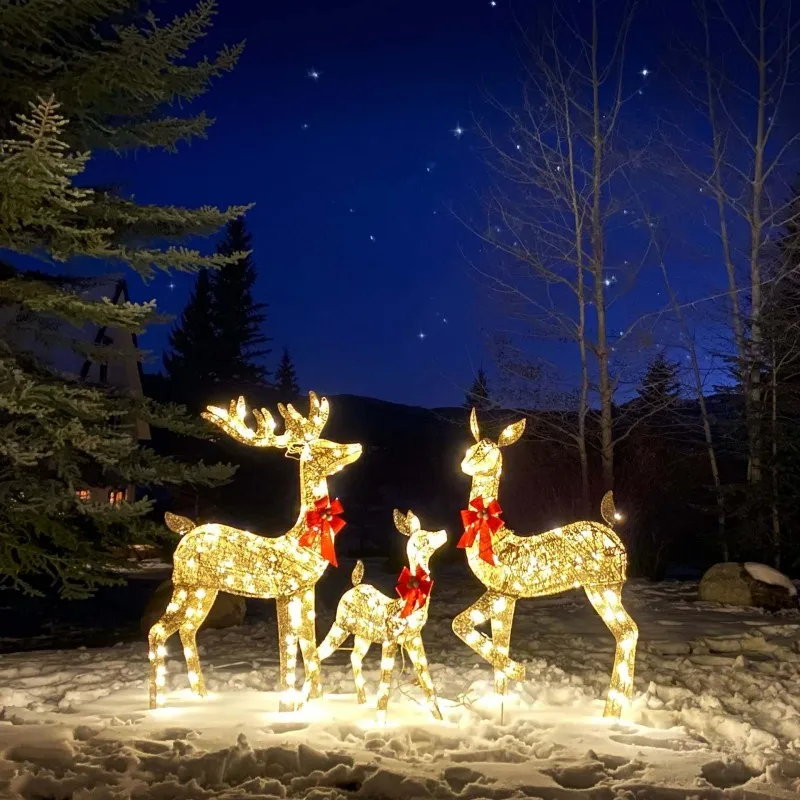 Metal Reindeer and Sleigh Christmas Decoration with Bright LED Lights, Outdoor Holiday Lawn Decoration