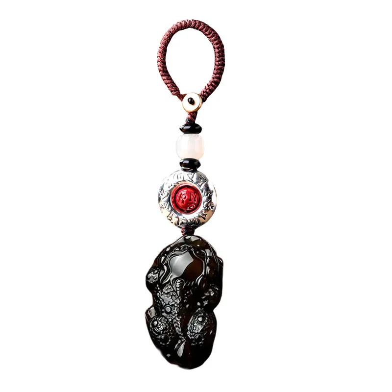 Icy Obsidian Pixiu Car Keychain Cinnabar Peace Buckle Pendant Six Syllable Mantra Bag Charm for Men and Women Gifts