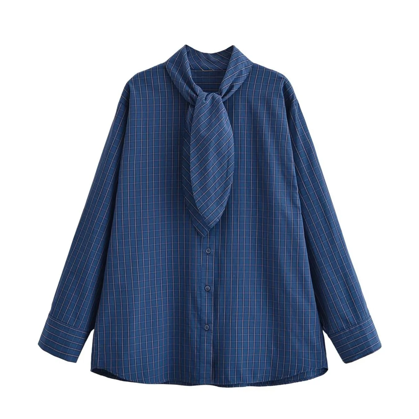 Damska koszula z szalowym kołnierzem na wiosnę, damska koszula z długim rękawem, zapinana na guziki, w kratę, modna, vintage, codzienna, elegancka bluzka.