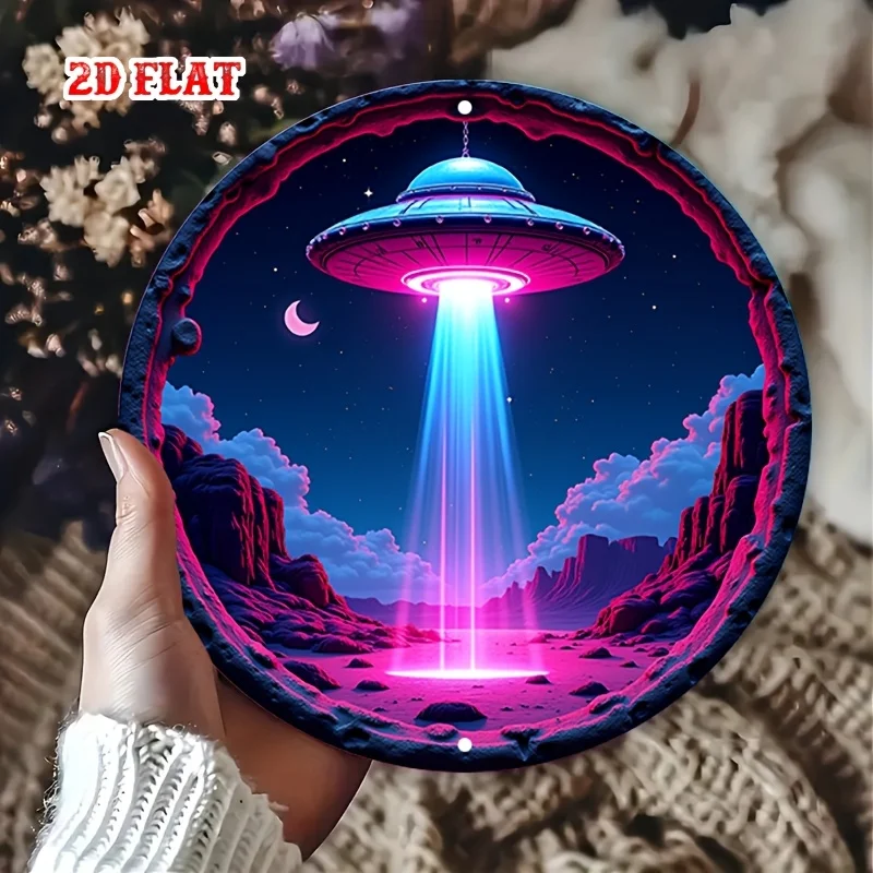 2D شقة 1 قطعة علامة معدنية خمر الغريبة لقاء: أسرار ما وراء الأرض الألومنيوم ملصق دائري ريترو خمر نظرة جدار الفن لشريط #5