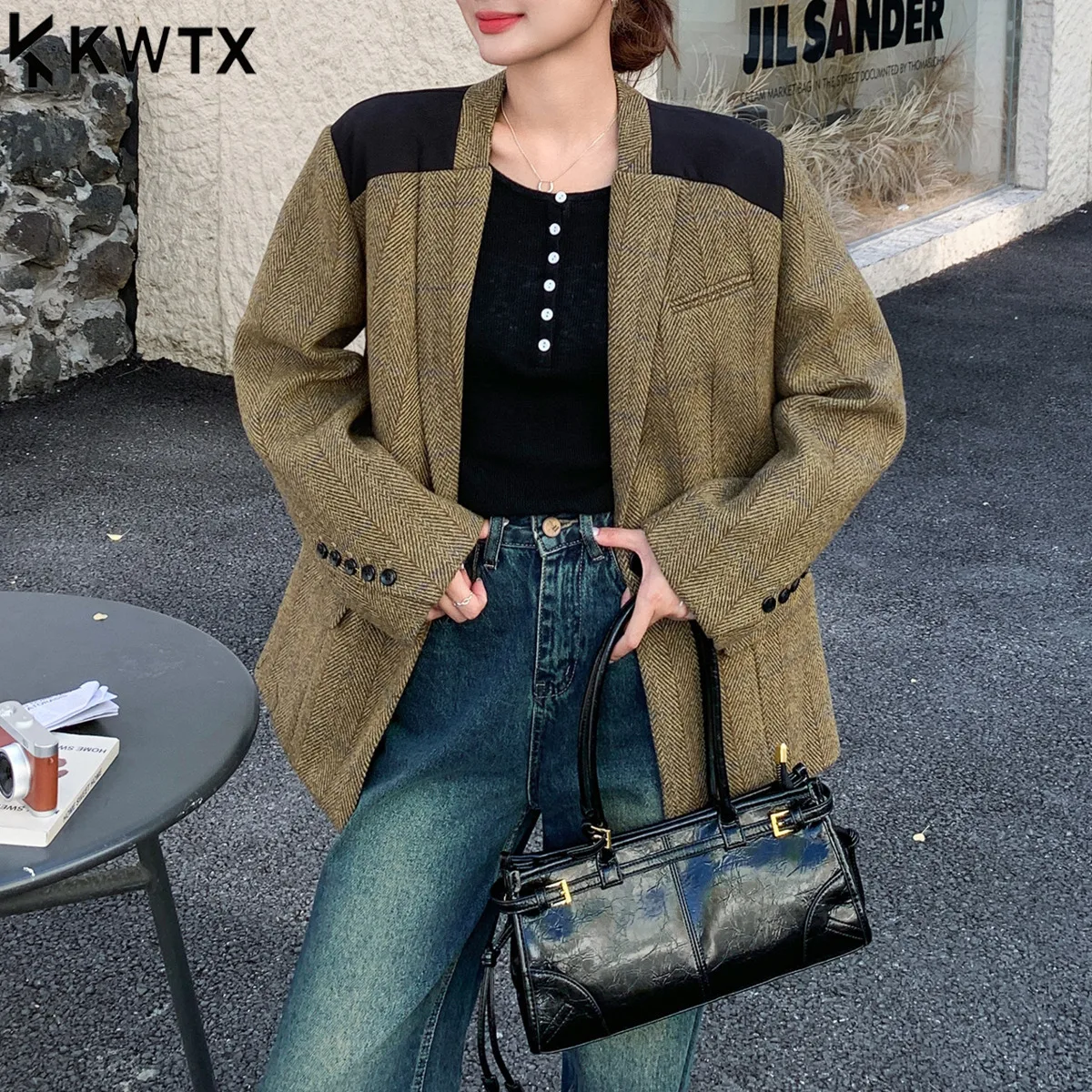 

KWTX женский высококачественный винтажный лоскутный пиджак на одной пуговице с лацканами, шикарное пальто для офиса и путешествий, осень-зима 2025