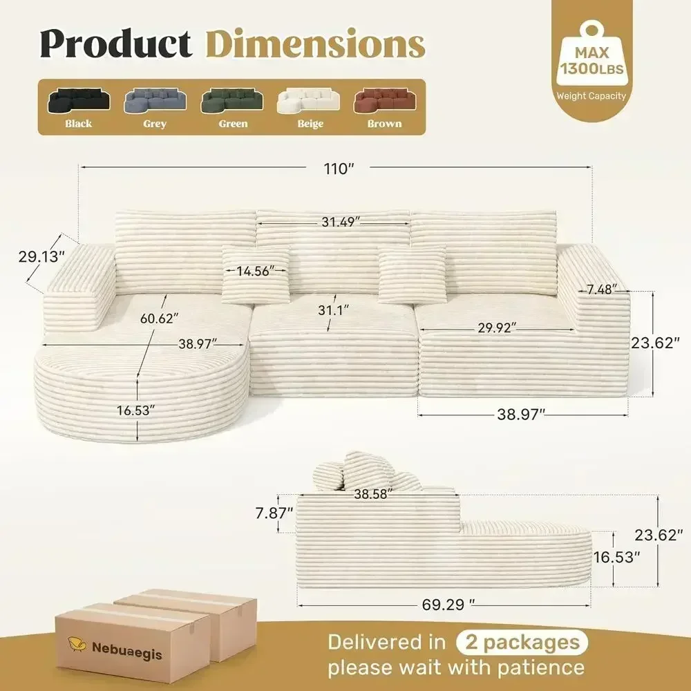 110 U-Shape Sectional Sofa, Cloud-Inspired Design, Deep Seating, L-Shape Couch with Chaise, Ready to Use, Beige, Single Piece