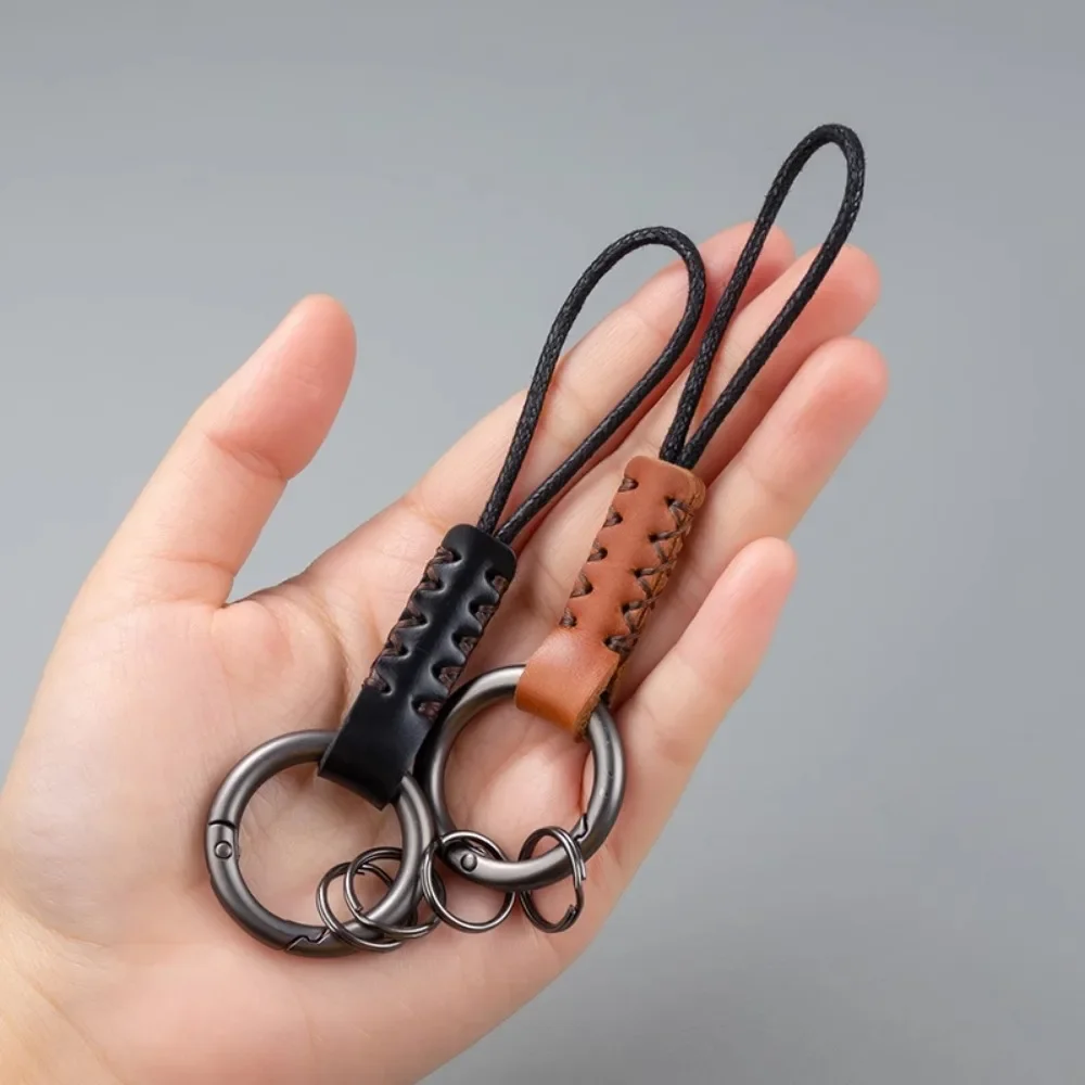 Handmade Cowhide Leather Key Chains for Men Women Car Keychain Lanyard Cotton Rope Strap Metal Keyring Gift Trendy Key Holder