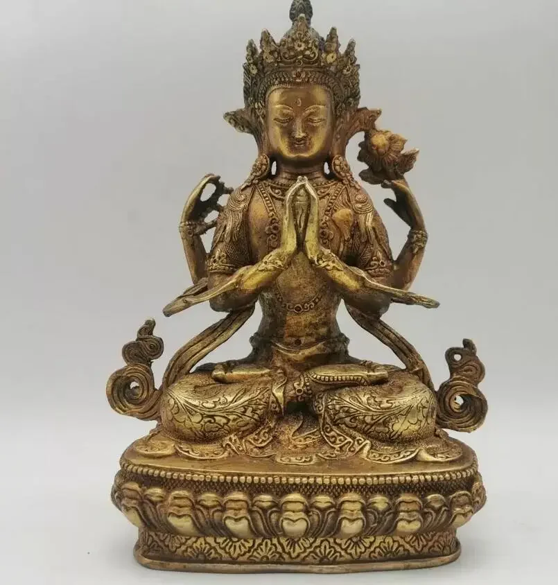 Old Buddhism Bronze gilt 4 Arms Chenrezig Kwan-yin Guanyin Buddha Statues