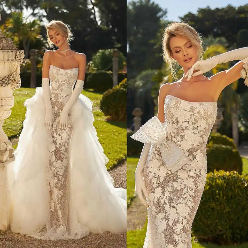 

Gorgeous Mermaid Wedding Dresses Lace Appliques Detachable Train Bridal Dresses Bownot Beadeds Bridal Gowns Customized
