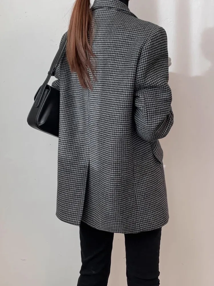 ชุดสูทลายสก็อตสไตล์เรโทรชิคสำหรับผู้หญิง ทรงหลวม ความยาวปานกลาง สไตล์เกาหลี แขนยาว ติดกระดุม ลำลอง สวมทับเสื้อผ้า