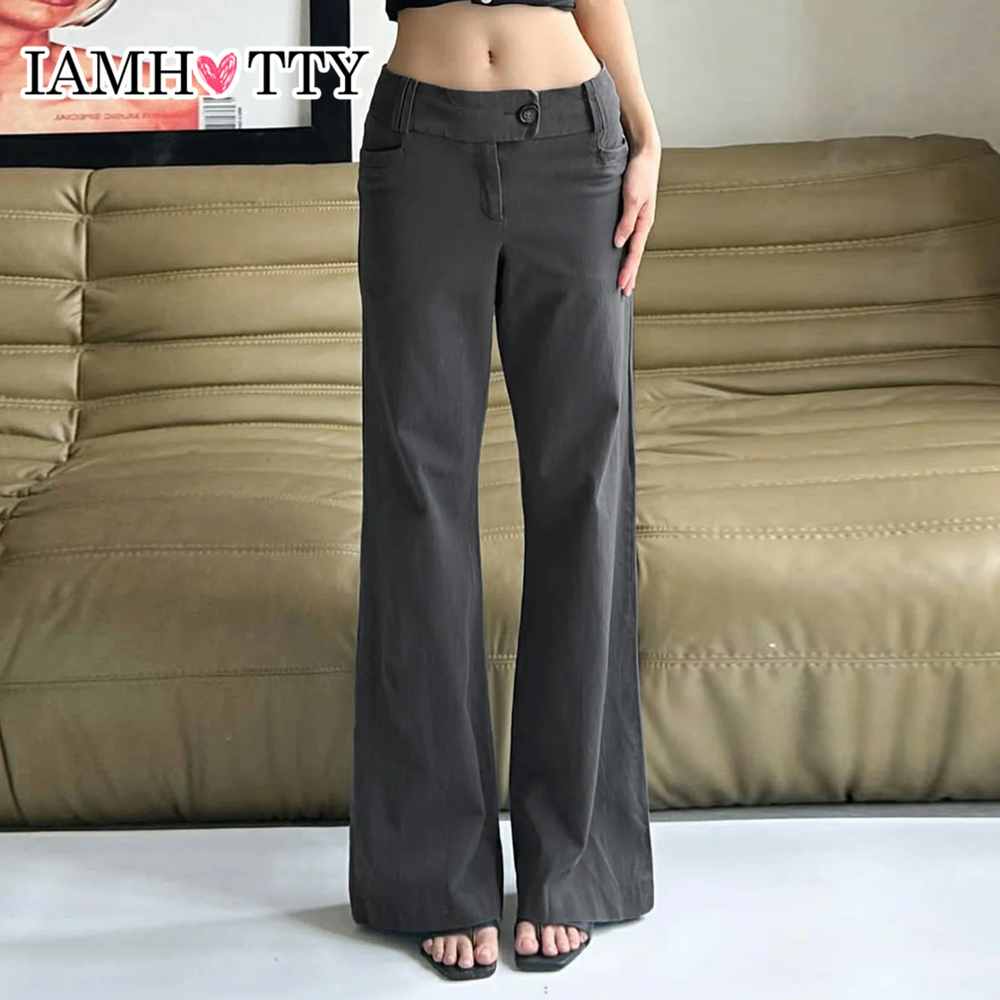 

IAMHOTTY Button-up Low-waisted Flared Suit Pants Dark Grey Color All-match Trousers Retro Slim-fit Casual Pants Streetwear Women