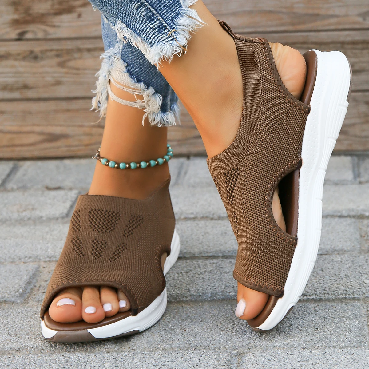 Womens Flying Woven Slip On Sandals, Open Toe Platform Sandals, Breathable Cutout Casual Sneakers