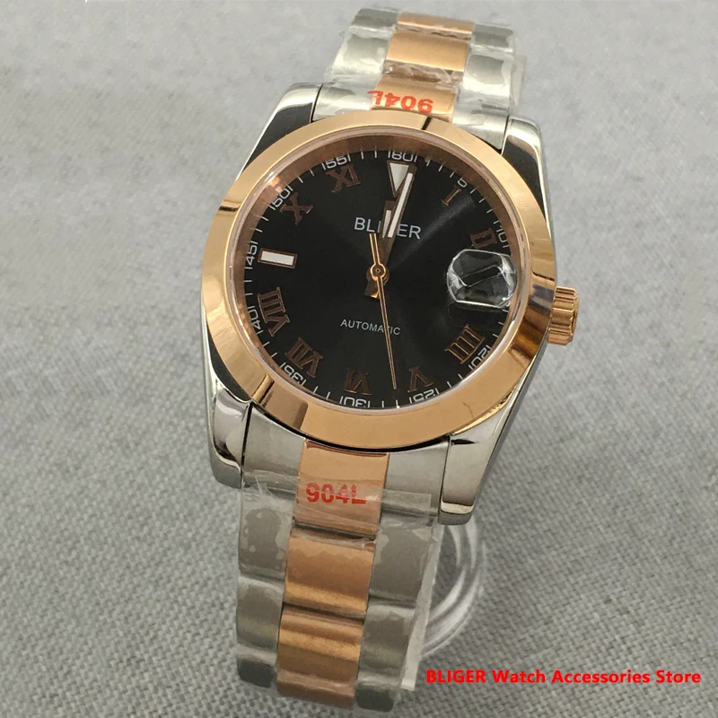 BLIGER 36mm 39mm Polished Bezel NH35A Automatic Men Watch Two Tone Gold Roman Numbers Black Dial Steel Strap Sapphire Glass