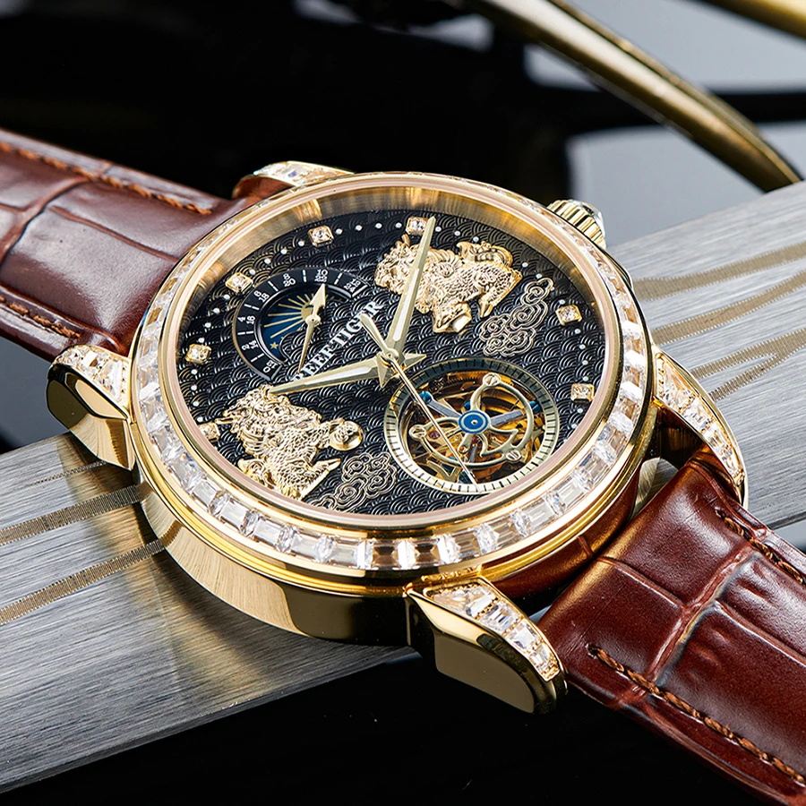

reef tiger brand men's fully automatic mechanical watch, business men's watch, Chinese-style lion dance fashionable men's sports
