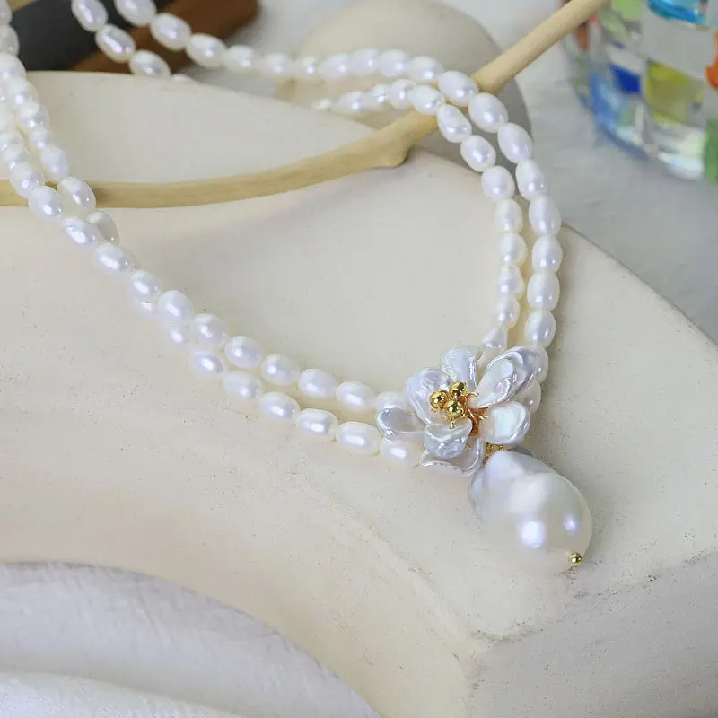 

Luxury Natural Baroque Pearl Necklace for Women Fashion Two Layer Pearls Beaded Flower Pendant Choker Collar Chain Jewelry Gifts
