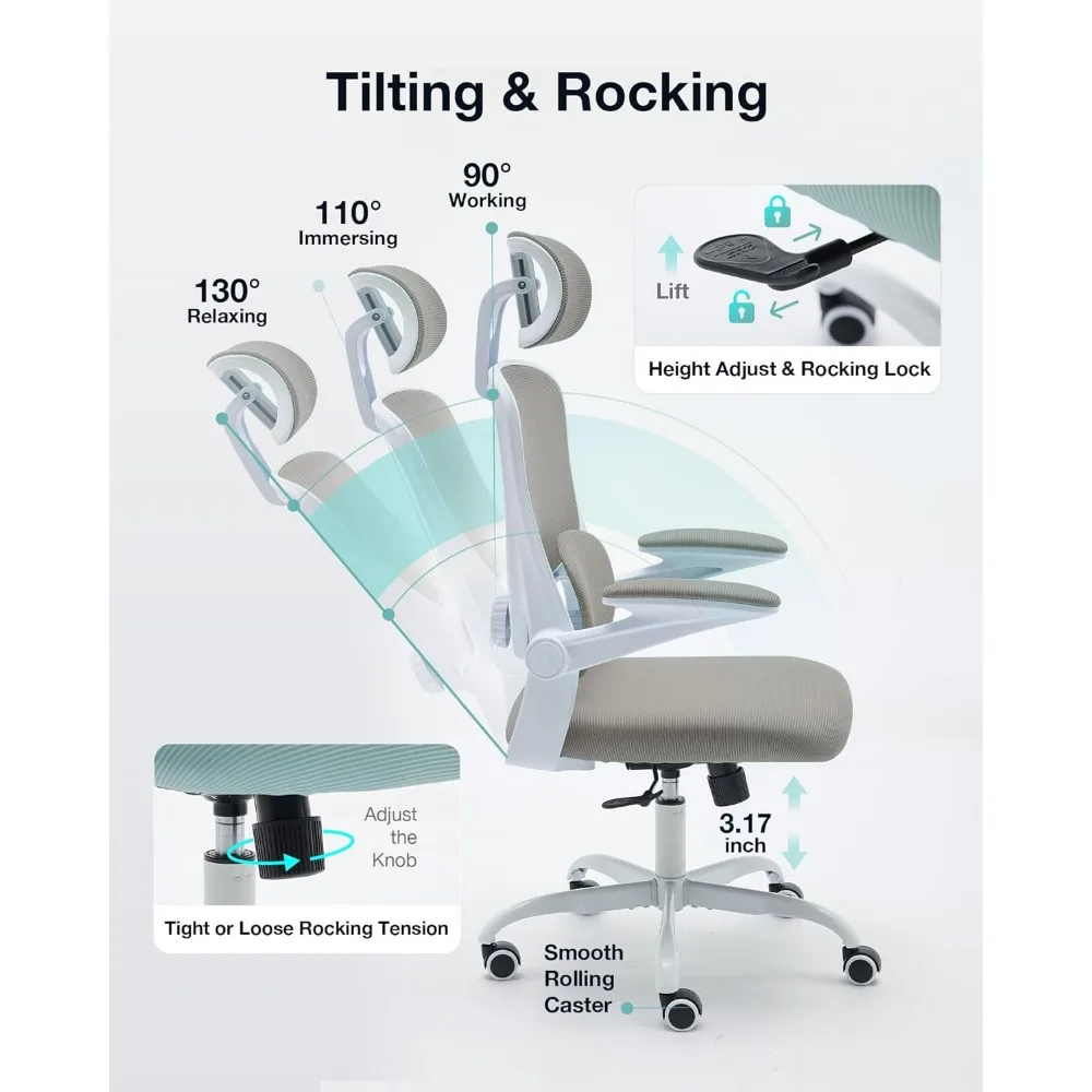 Kursi kantor ergonomis dengan kunci miring, kursi meja kantor rumah dengan penyangga Lumbar otomatis, kursi meja jala punggung tinggi dengan penyesuaian