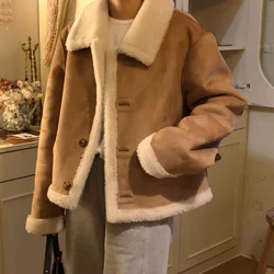 Casual French Vintage Fur Coat Women Basic Lapel Single-breasted Double Faced Fur Khaki Warm Fashion Female Parka Short Jacket