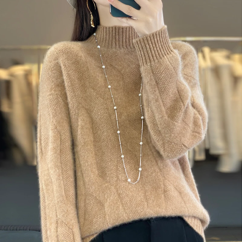 100% pure sweater women's semi-high neck solid color knitted pullover new twisted flower slim versatile bottoming sweater in aut