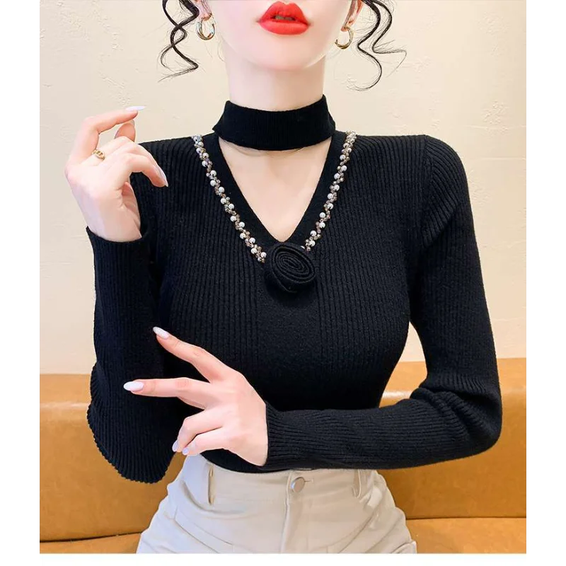 2025 Neue Herbst Sexy Hohl Pullover Feminine V-need Schlank Bodenbildung Mode Top