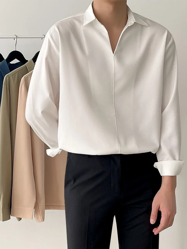 

Мужская свободная рубашка с длинным рукавом и V-образным вырезом, гладкая, модная, в корейском стиле, осенняя, молодежная, приталенная, из цветной тканой ткани