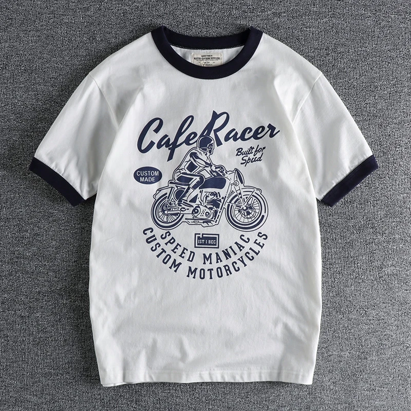 200gsm 100% Cotton Motorcycle Letter Printed t shirts for men Summer Loose Tees Tops 24SS Y2k Youth Male Vintage High Quality