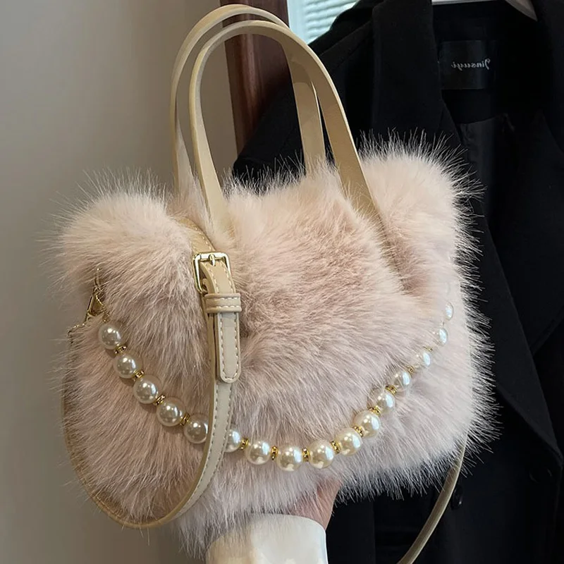 Winter Fashion Faux Fur Crossbody Bags For Women's Gift, Pearl Chain Decor Shoulder Bag, Ladies Handbags Top-handel Bag