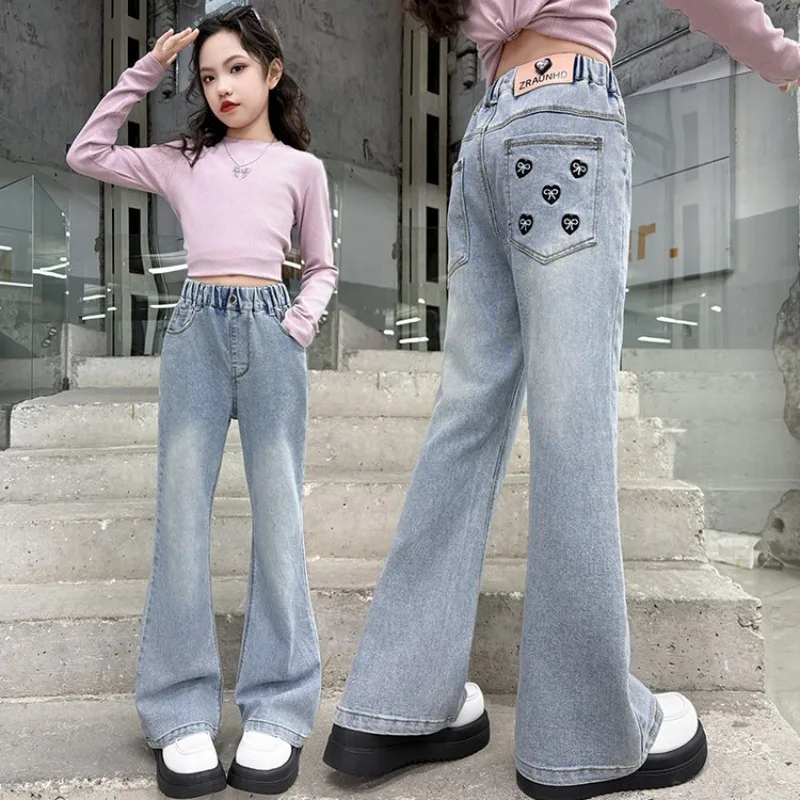 Girls Loose Wide-leg Jeans Bell-bottom Trousers Korean Fashion Embroidery Pocket Denim Pants Spring Autumn Clothing 5-12 Years