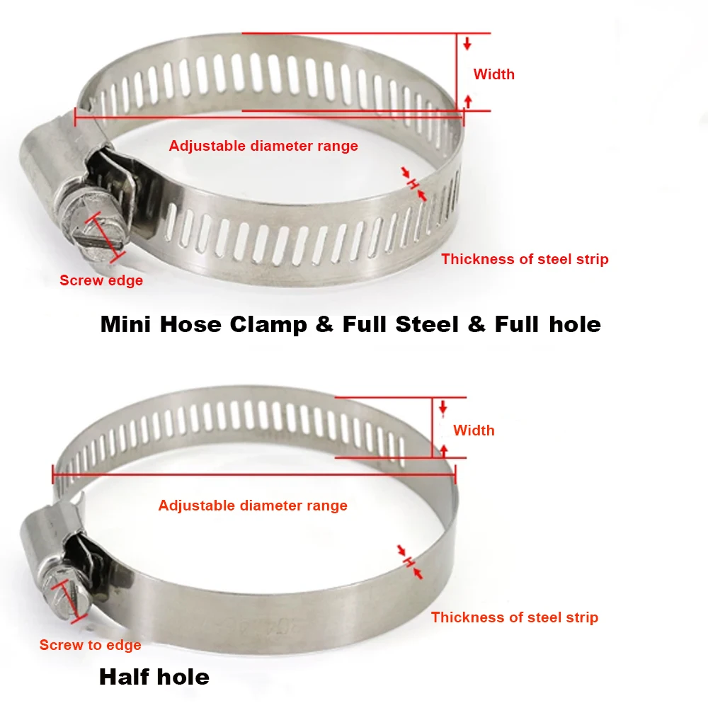 1Pcs 304 Stainless Steel All Steel One Screw Full / Semi Perforated Adjustable Throat Clamp Pipe Hoop