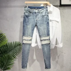 Man Cowboy Pants Cropped Light Blue Ripped Trousers with Holes Men's Jeans Torn Broken Original Winter Y 2k Vintage Oversize Y2k
