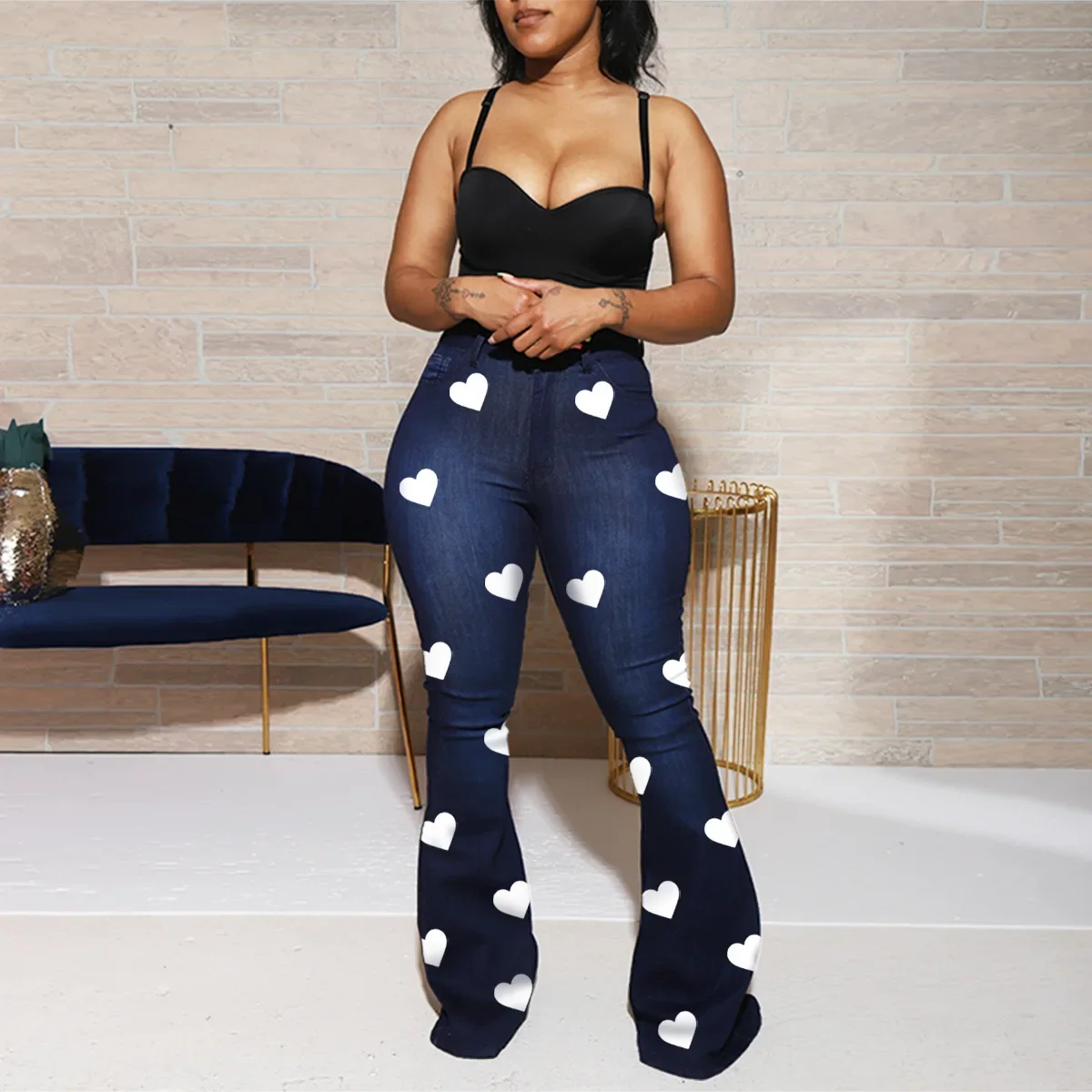 

Denim Flare Pants Jeans Women Boot Cut Heart Print High Waist Stretch Pockets Distressed Washed Floor Length 2025 Trousers