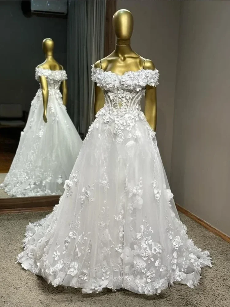 

Свадебное платье принцессы с открытыми плечами для женщин, корсет с цветочной аппликацией, свадебное платье трапециевидной формы, пляжное свадебное платье, платье de novia