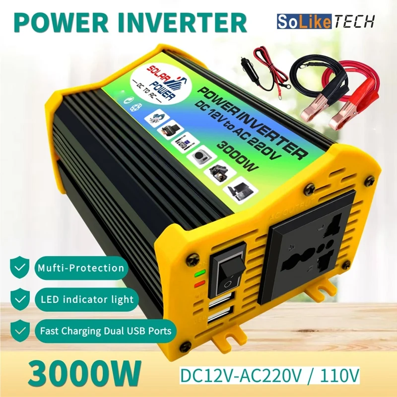 Car Inverter Voltage Transformer Modified Sine Wave Power Inverter DC12V To AC 3000W Converter Dual USB