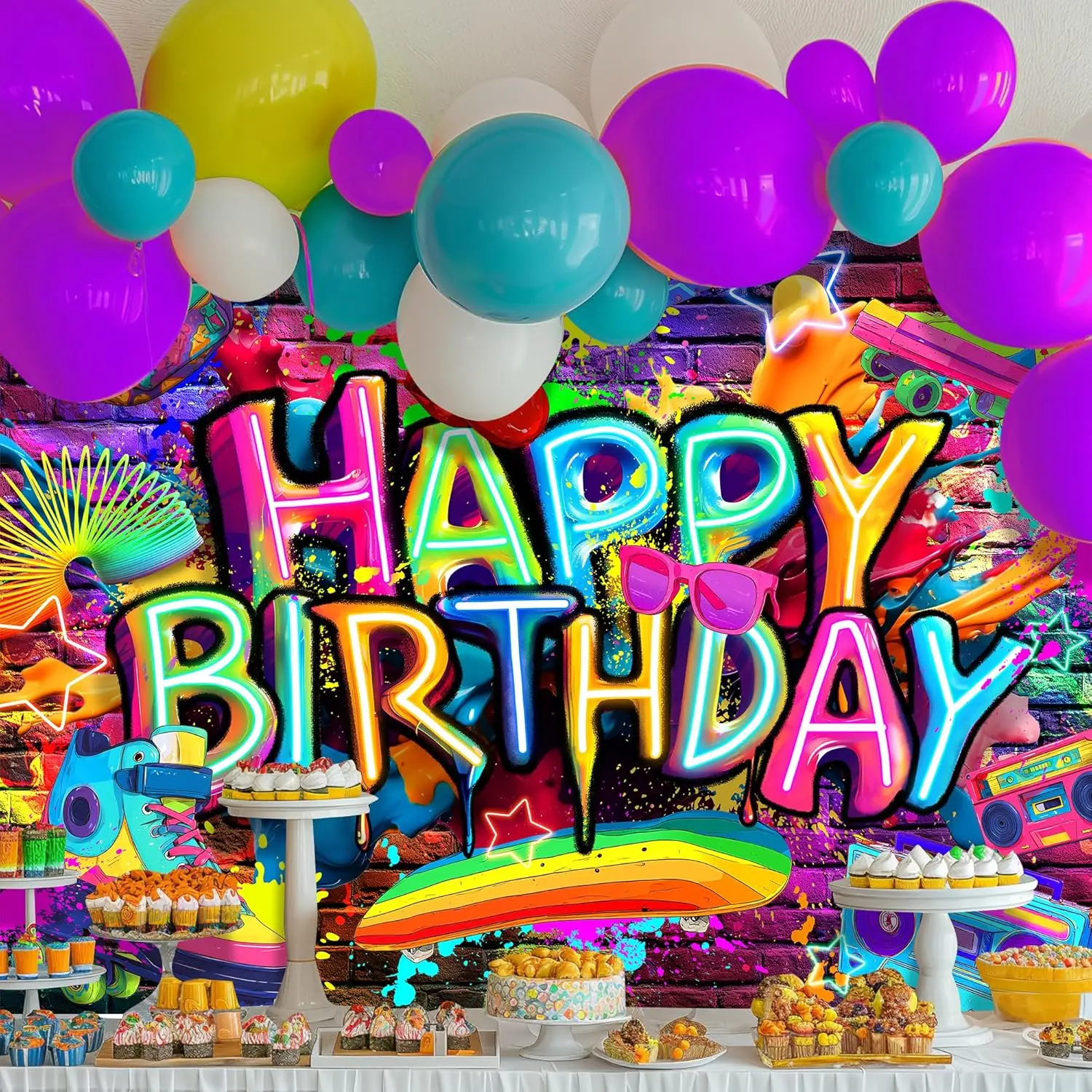 Neon Graffiti Happy Birthday Backdrop - Glow Brick Wall and Colorful Paint Splatter Background