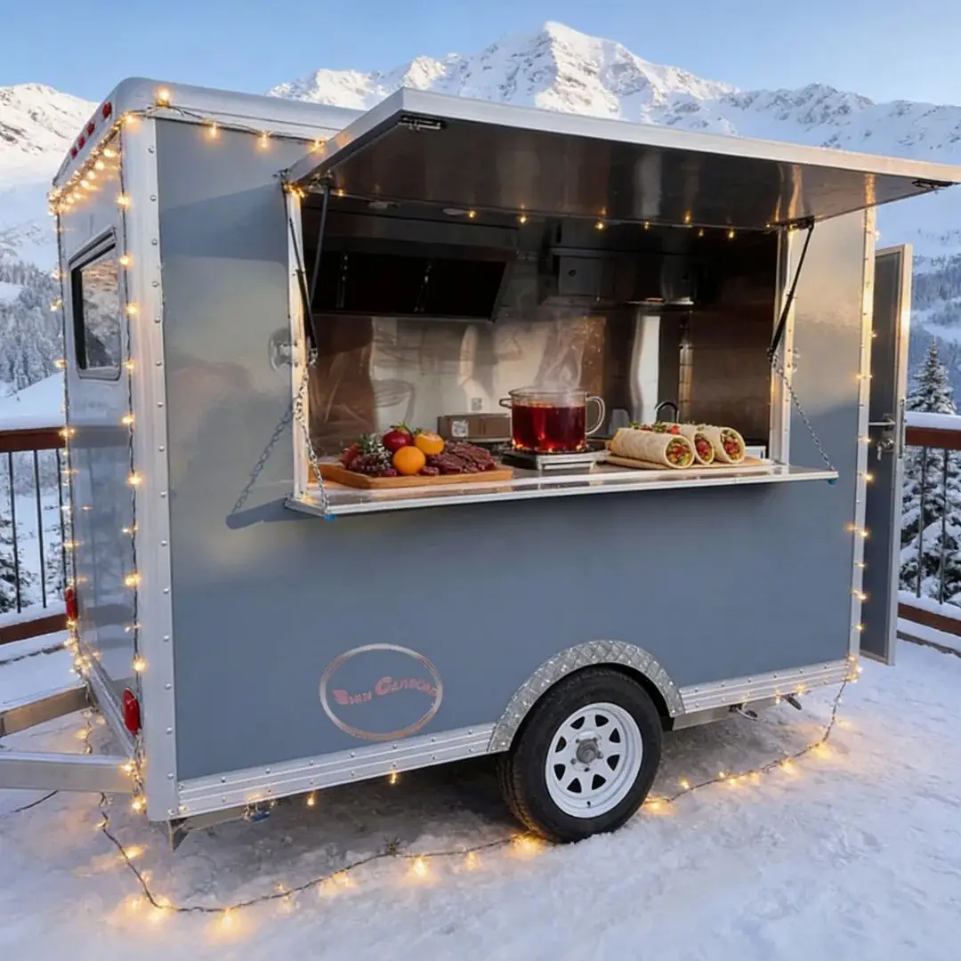 Customizable Fiberglass Food Truck Trailer Non-Slip Floor Double Sinks BBQ Drinks Vending Specialized Catering Kitchen on Wheels