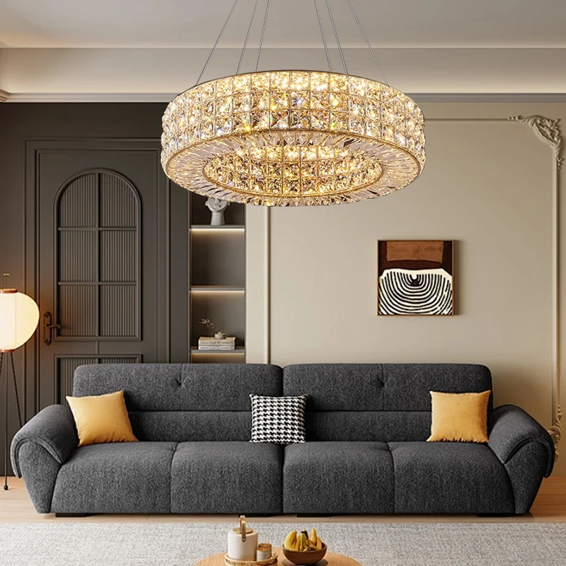 Gold K9 Crystal Luxury Round Ceiling Pendant Light Big Nordic Room Decoration Dining Table Hanglamp Rectangle Designer Lamp