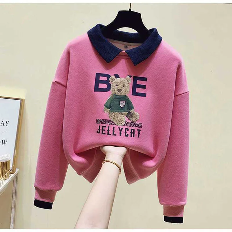 

Fashion Lapel Printed Spliced Fake Two Pieces Sweatshirts Female Clothing 2023 Autumn Winter Casual Pullovers Korean Sweatshirts