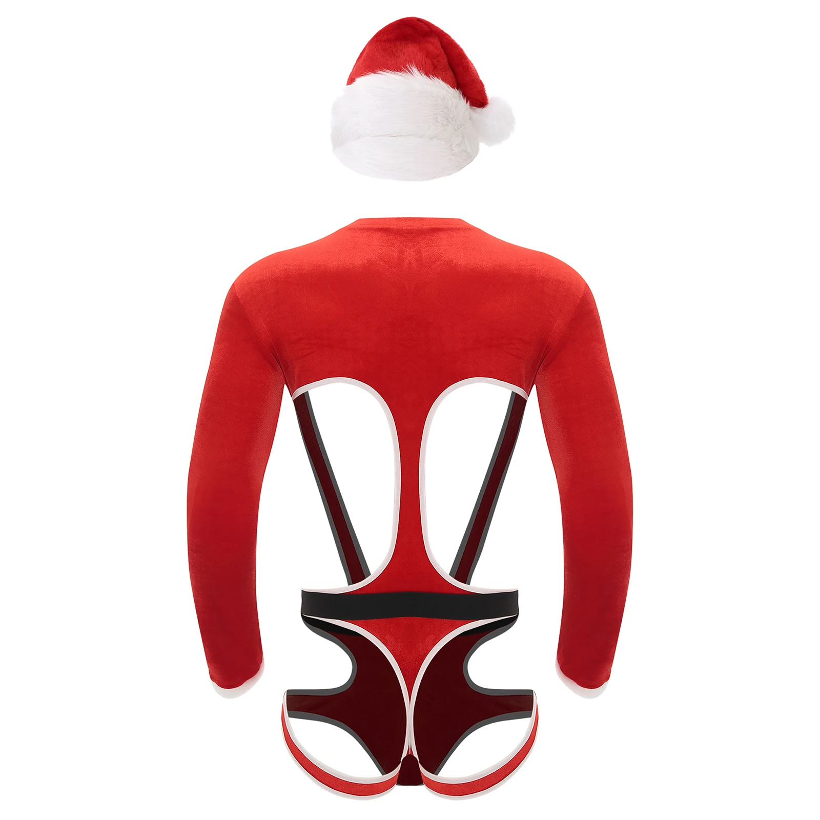 Costume da Babbo Natale sexy da uomo con cappello da Babbo Natale a maniche lunghe con stringhe Set da uomo Mankini Christmas Outfit