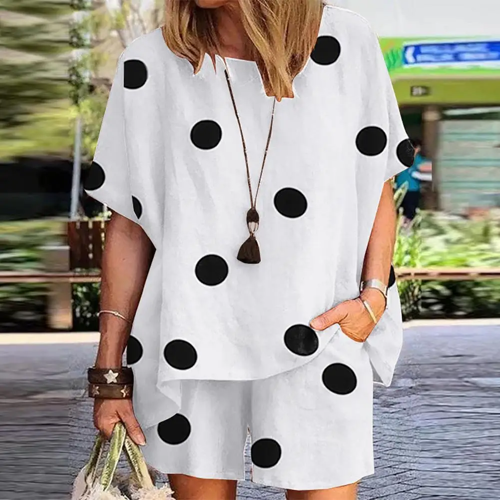 Cotton Flax Women Tracksuits Polka Dots Pattern Print Round Collar Half Sleeve Summer Blouse Fashion Elastic Shorts Matching Set