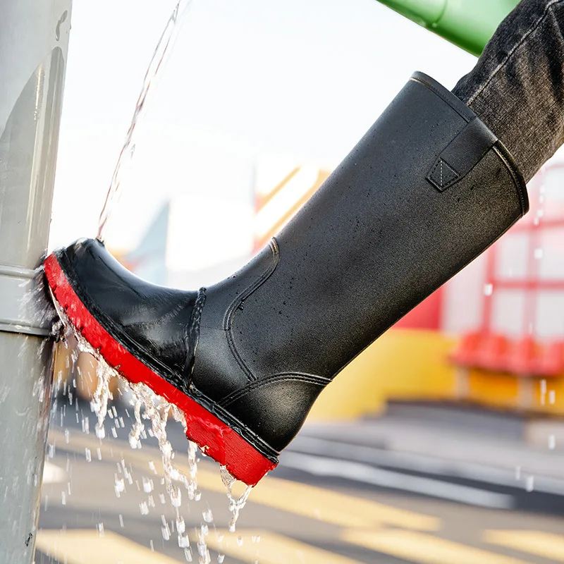 New Men's Rain Boots Long Tube Water Shoes Non-slip Waterproof Safety Work Shoes Black Red Platform Knee-high Rainboots Galoshes