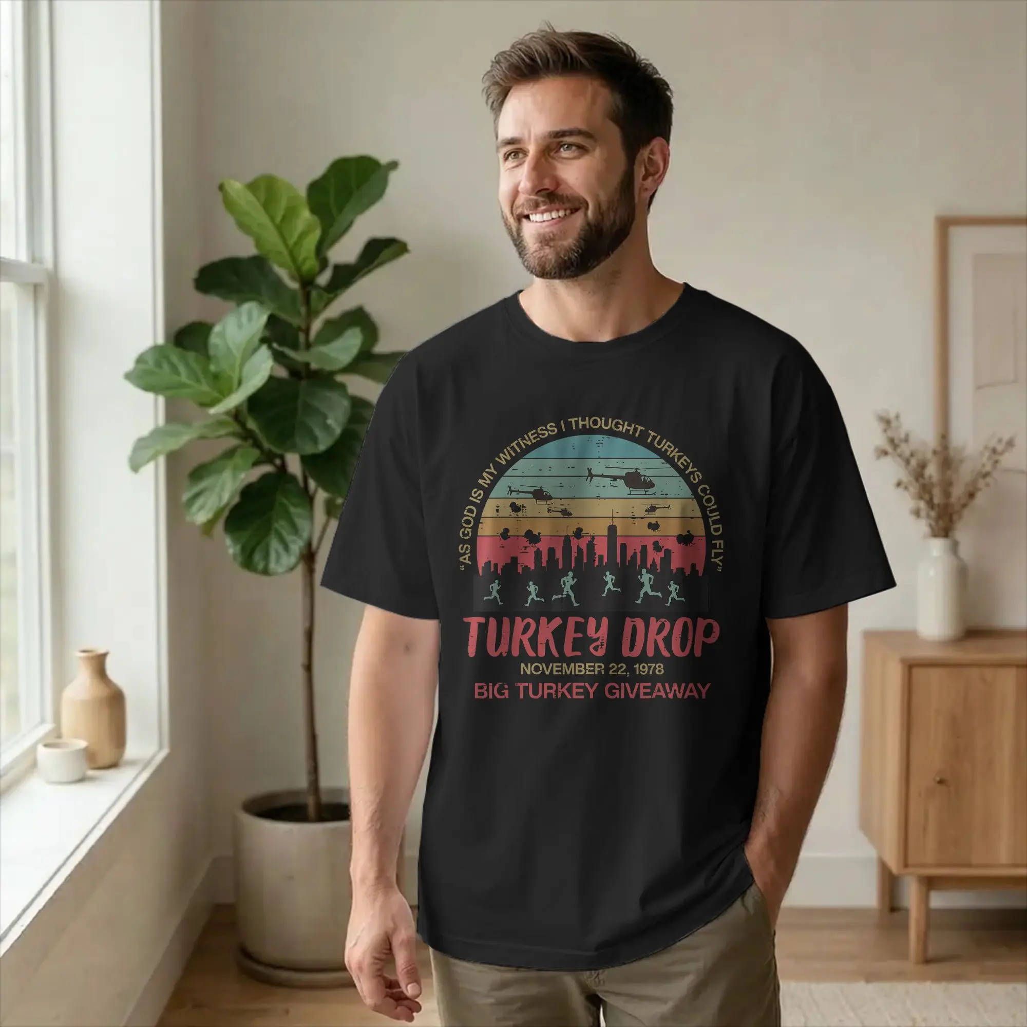 Men WKRP Turkey Drop 1978 T Shirts Funny Thanksgiving 100% Cotton Clothes Fashion Short Sleeve Crewneck Tees Party T-Shirt