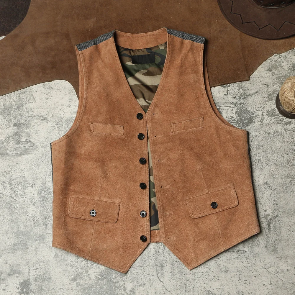 

American Retro Genuine Leather Vest Faux Fur ort Slim Fit V-ne Ameika Khaki Color Blo Leather oulder Pad