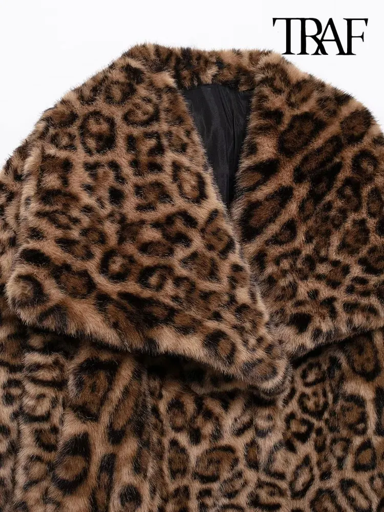 TRAF-Women\'s Thick Warm Leopard Faux Fur Jacket, Lapel Collar Coat, Long Sleeve Female Outerwear, Chic Tops, Fashion