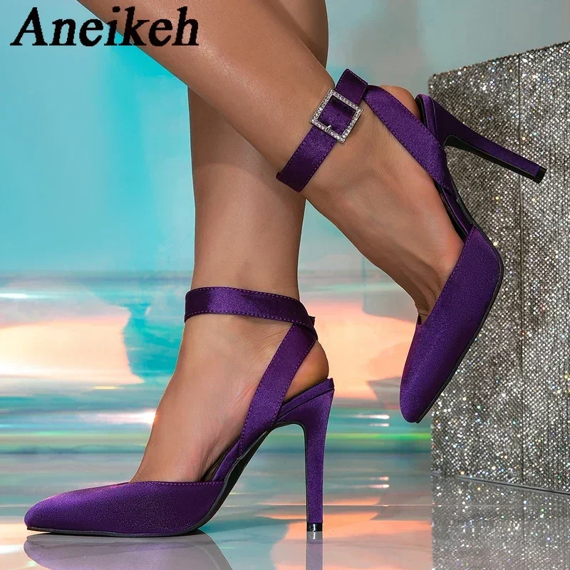 Aneikeh 2025 Summer Sexy purple Pointed Toe Women Pumps Sandals Elegant Ankle Buckle Strap Thin High Heels Stripper Party Shoes