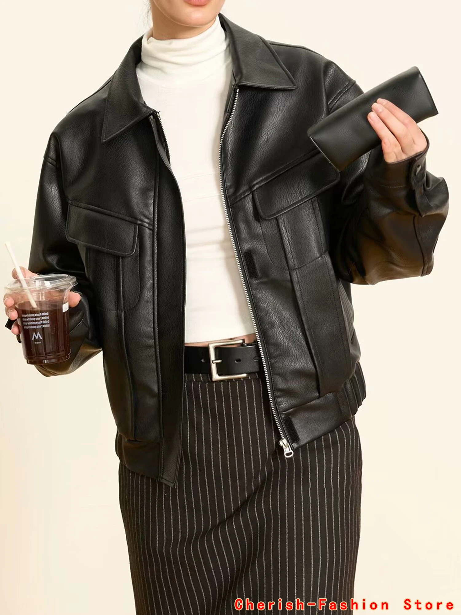 2024 Autumn England Designer Womens Black Faux Leather Jackets Loose Casual Biker Coat Females Harajuku Pu Streetwear Top