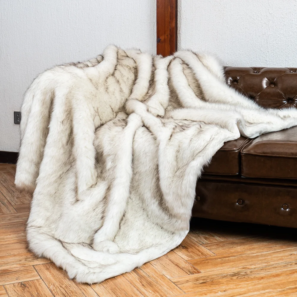 High-end Faux Fur Winter blanket fluffy fox fur bed cover Plush sofa blankets bed plaid Knee blanket sofa cover for home decor