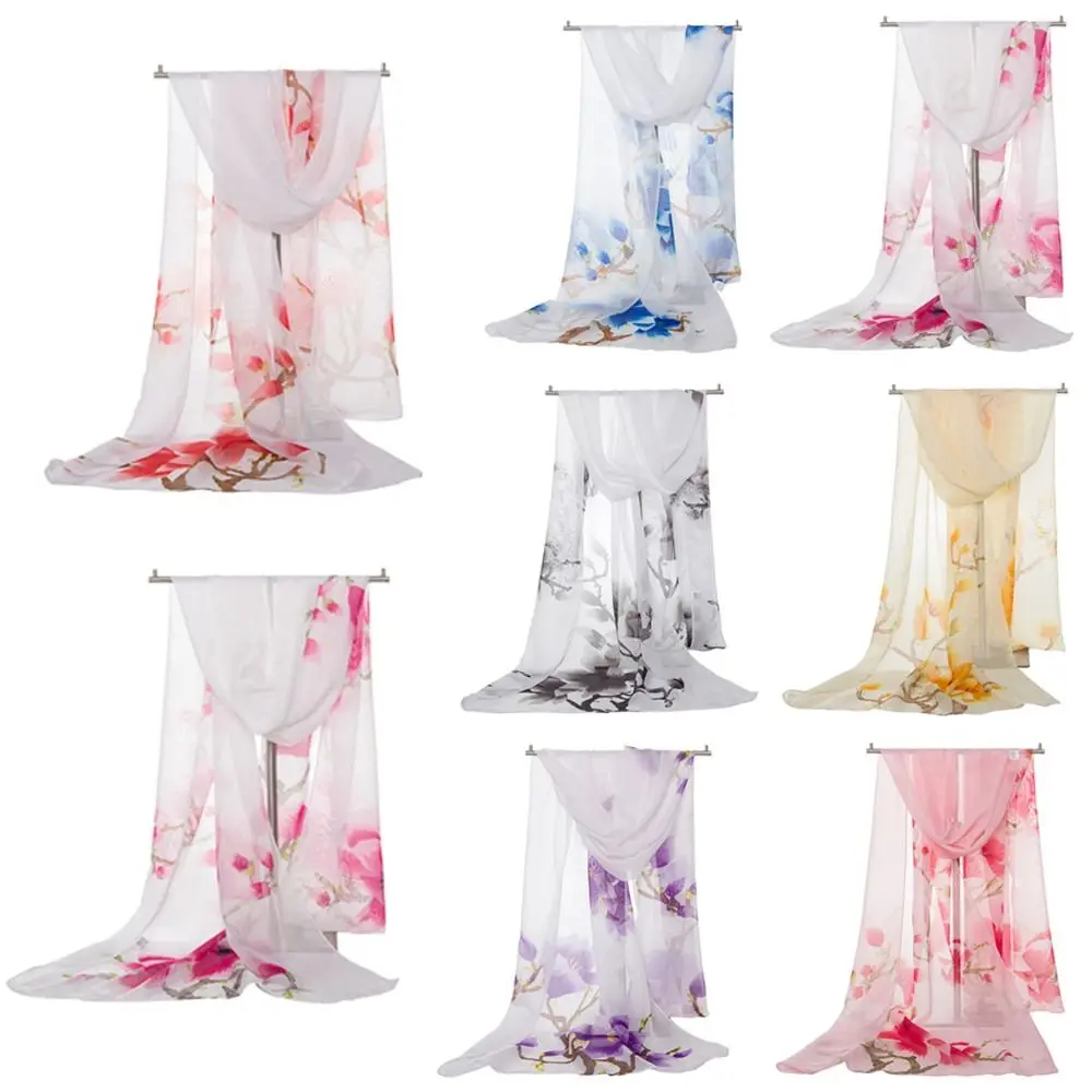 Elegant 160*50cm Chiffon Scarf Flower Print Washable Shawl Silk Sunscreen Beach Gauze Scarf for Women