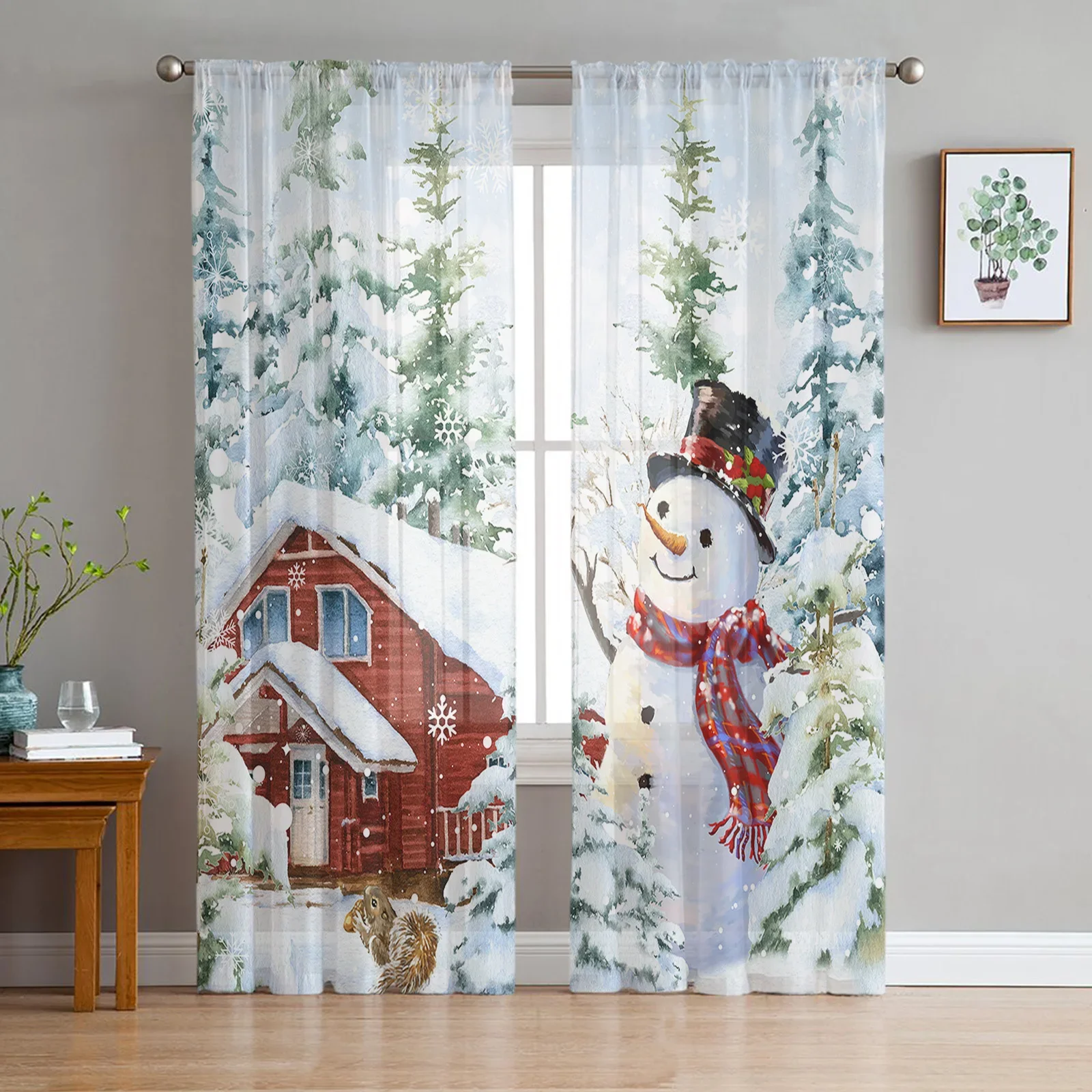 Christmas Snowflake Snowy View Farm Snowman Sheer Window Curtain Tulle Curtains for Livingroom Bedroom Home Decor Voile Drapes