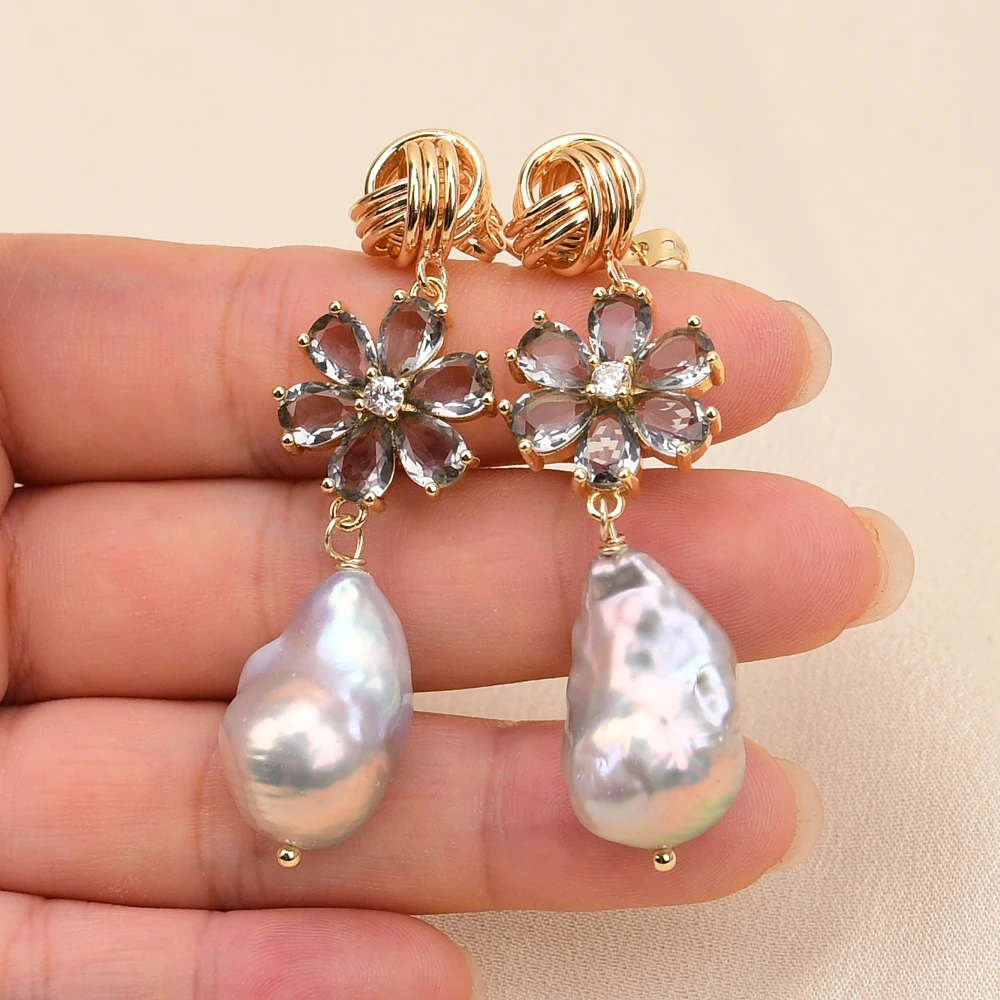 

Серьги-гвоздики GG Cultured Grey Keshi Baroque Pearl Crystal Flower Connector для женщин